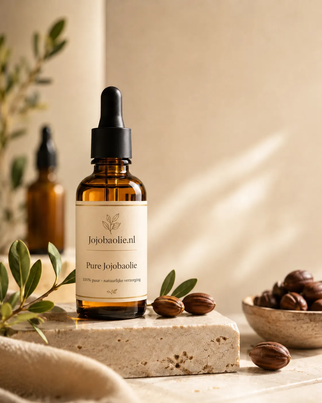 Pure jojobaolie en natuurlijke verzorgingsproducten stijlvol gepresenteerd